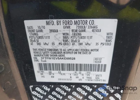 2010 Ford F-150 Fx4/Harley-Davidson/King Ranch/Lariat/Platinum/Xl/Xlt из США, поврежденный, VIN 1FTFW1EV5AKE69528